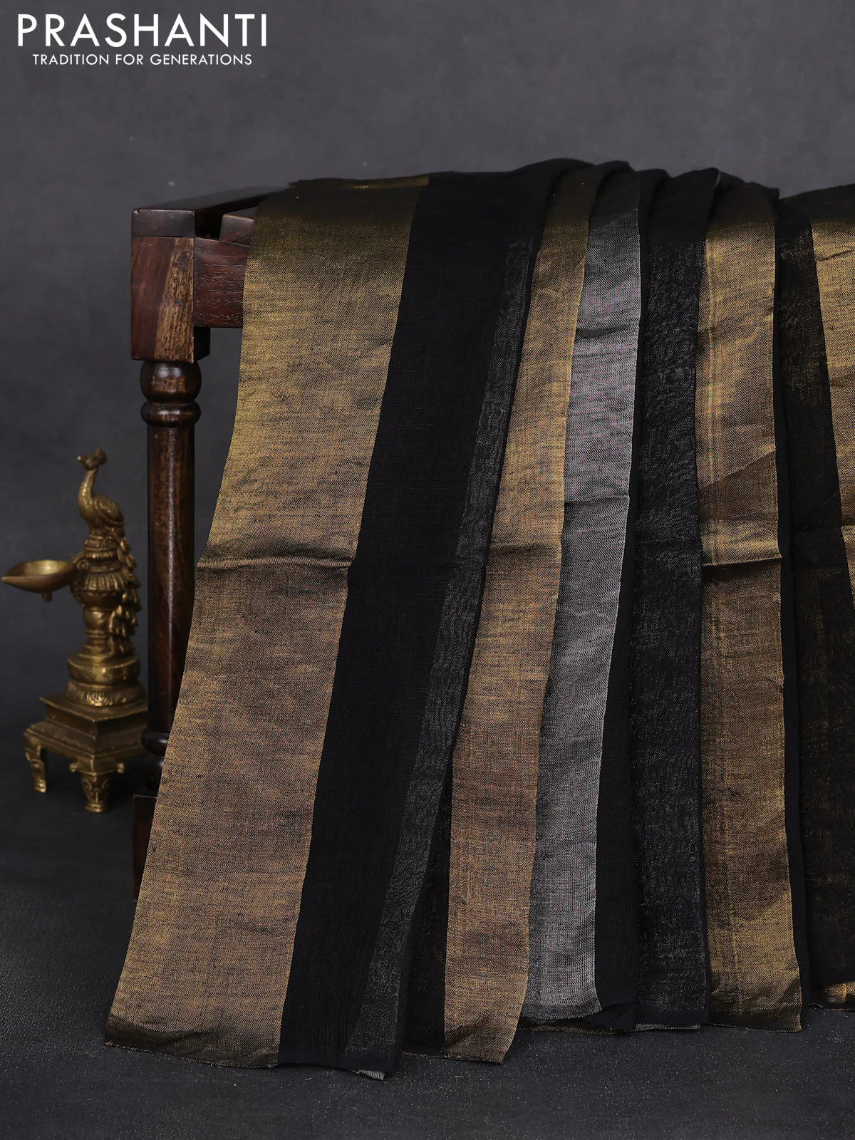 Pure linen tissue saree black grey and gold with allover stripe pattern in borderless style - Image 2