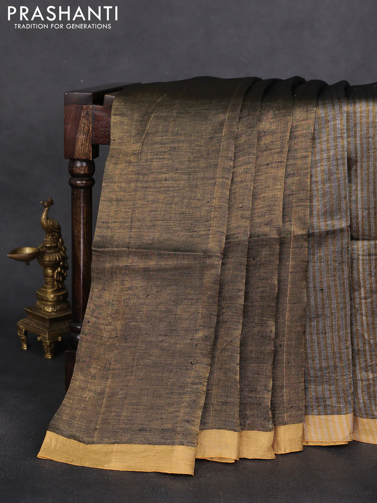 Pure linen tissue saree gold and grey with allover stripe pattern and zari woven border - Image 2