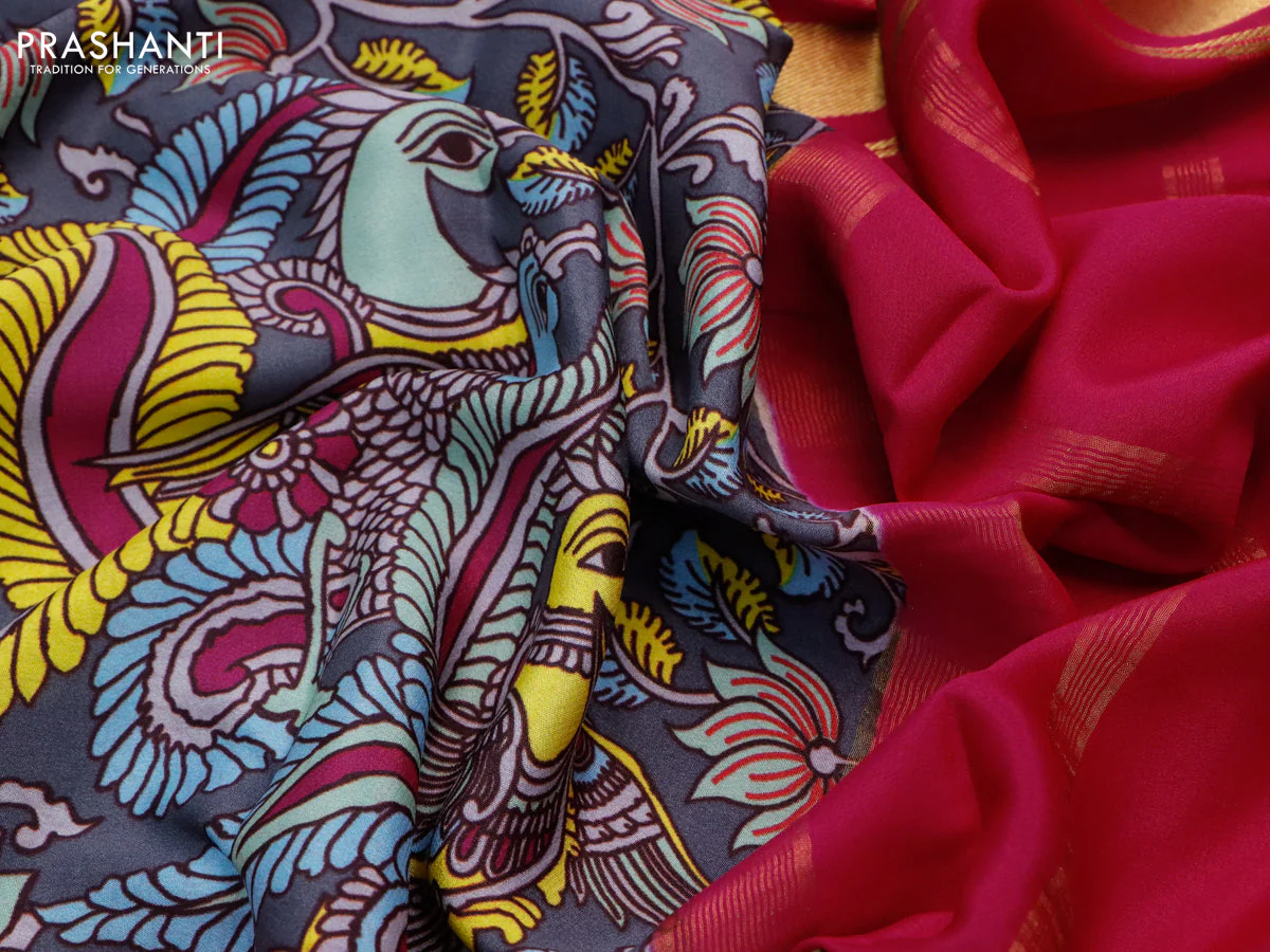 Pure mysore crepe silk saree grey and magenta pink with kalamkari prints and long zari woven border - Image 6