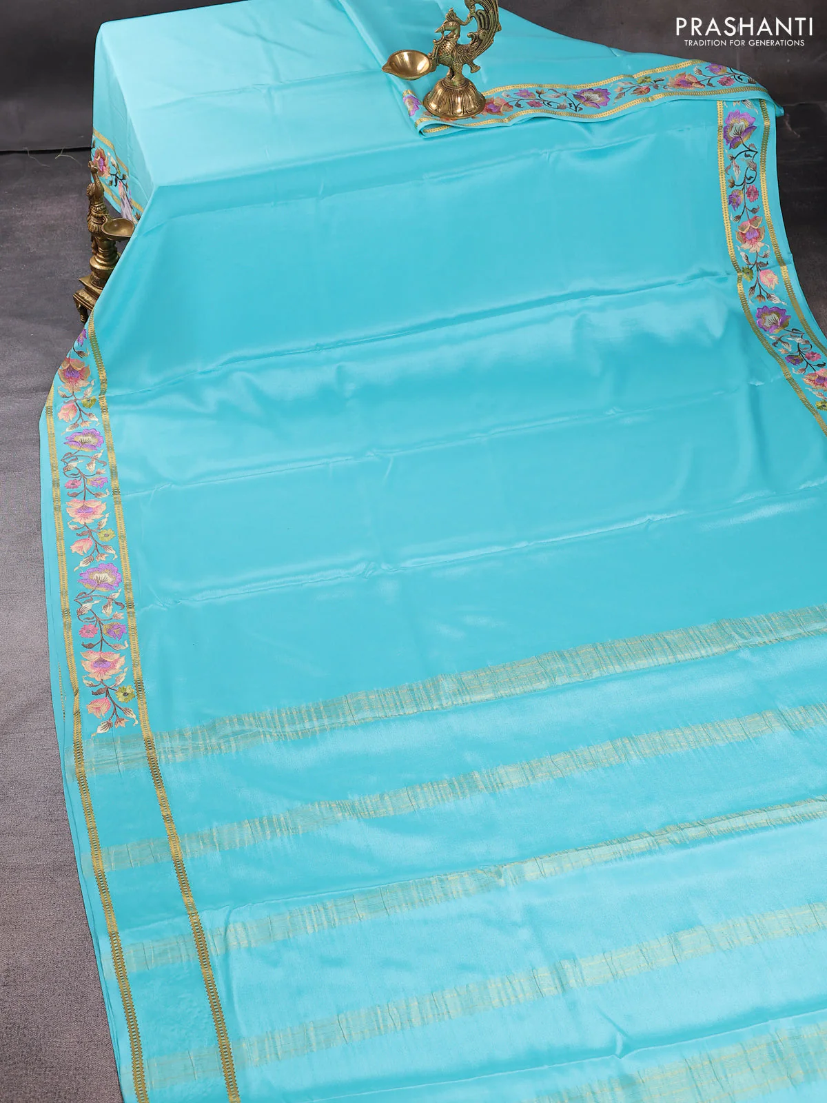 Pure mysore crepe silk saree teal blue with plain body and zari woven embroidery work border - Image 2