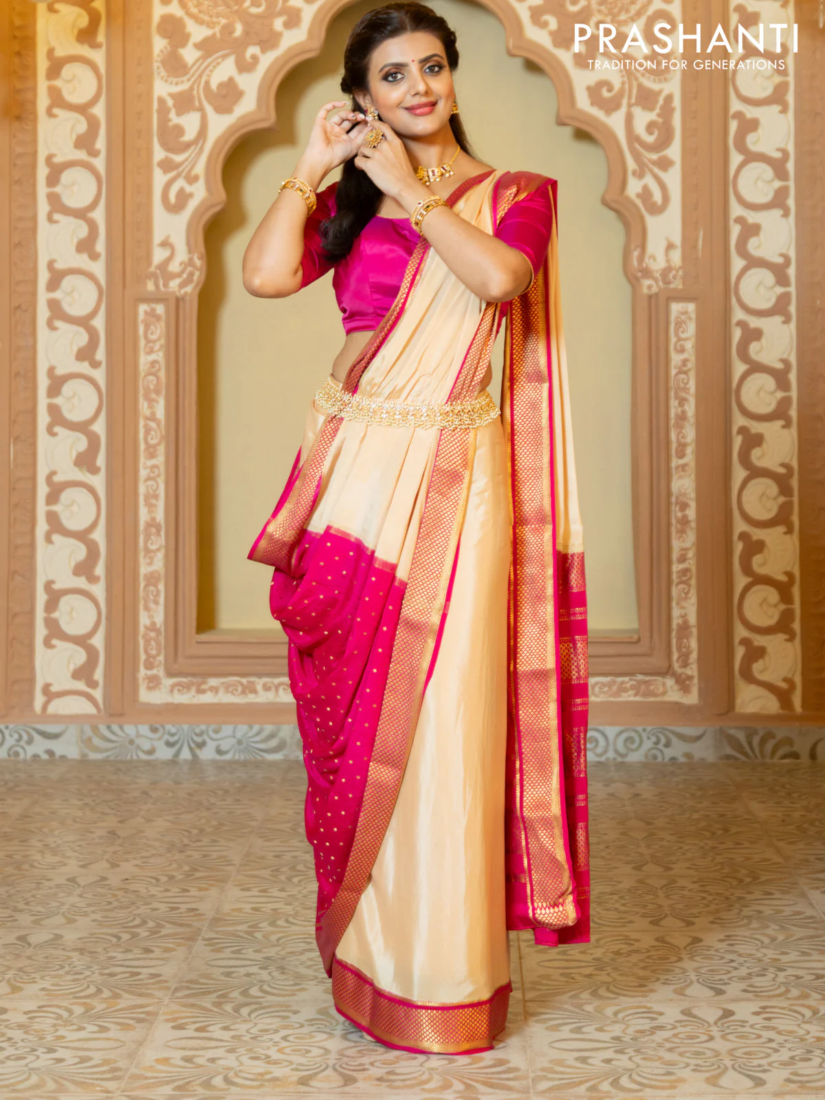 Pure mysore partly silk saree beige and pink with plain body and zari woven border - Image 2