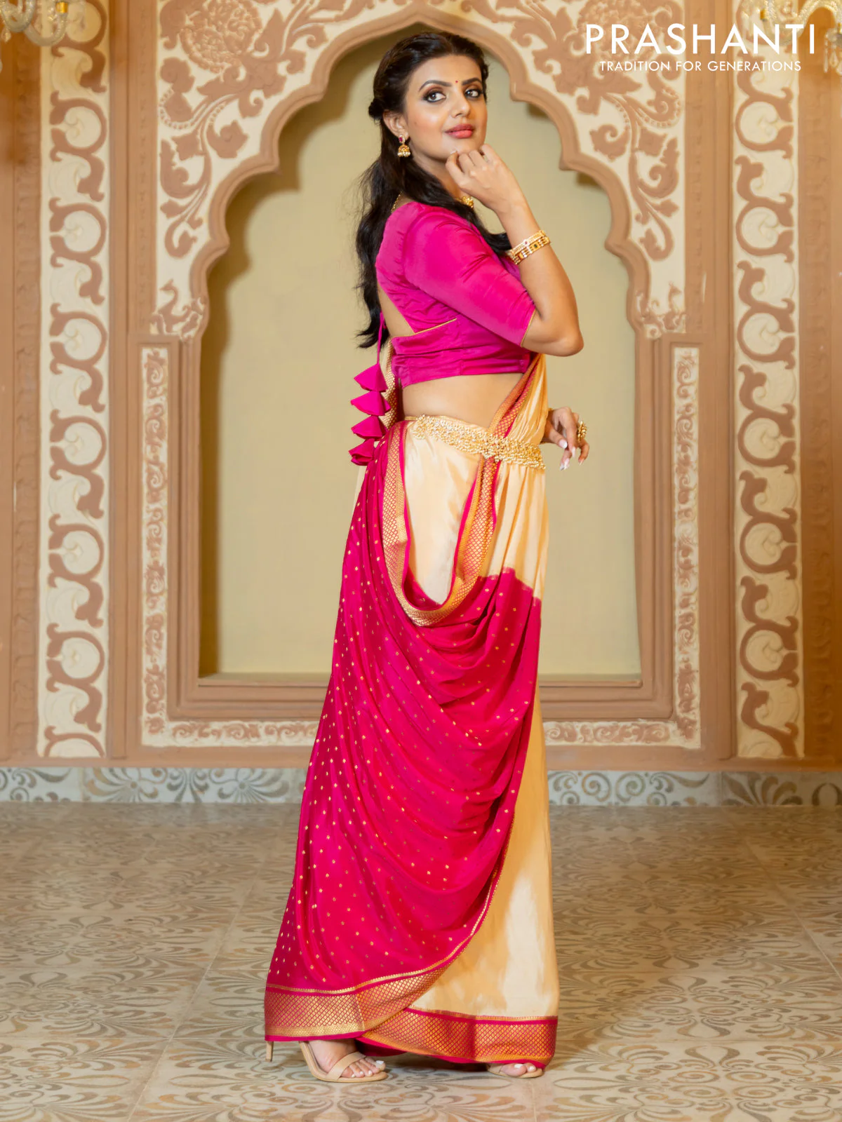 Pure mysore partly silk saree beige and pink with plain body and zari woven border - Image 3