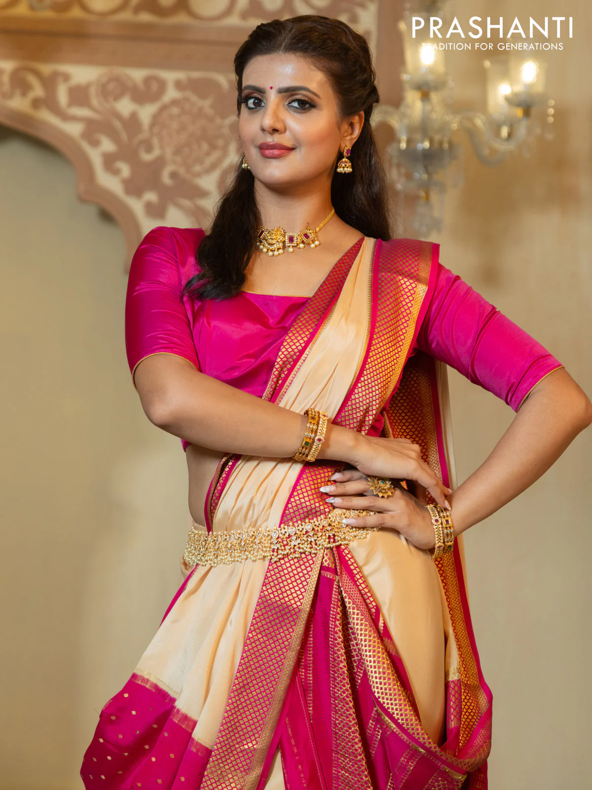 Pure mysore partly silk saree beige and pink with plain body and zari woven border - Image 5
