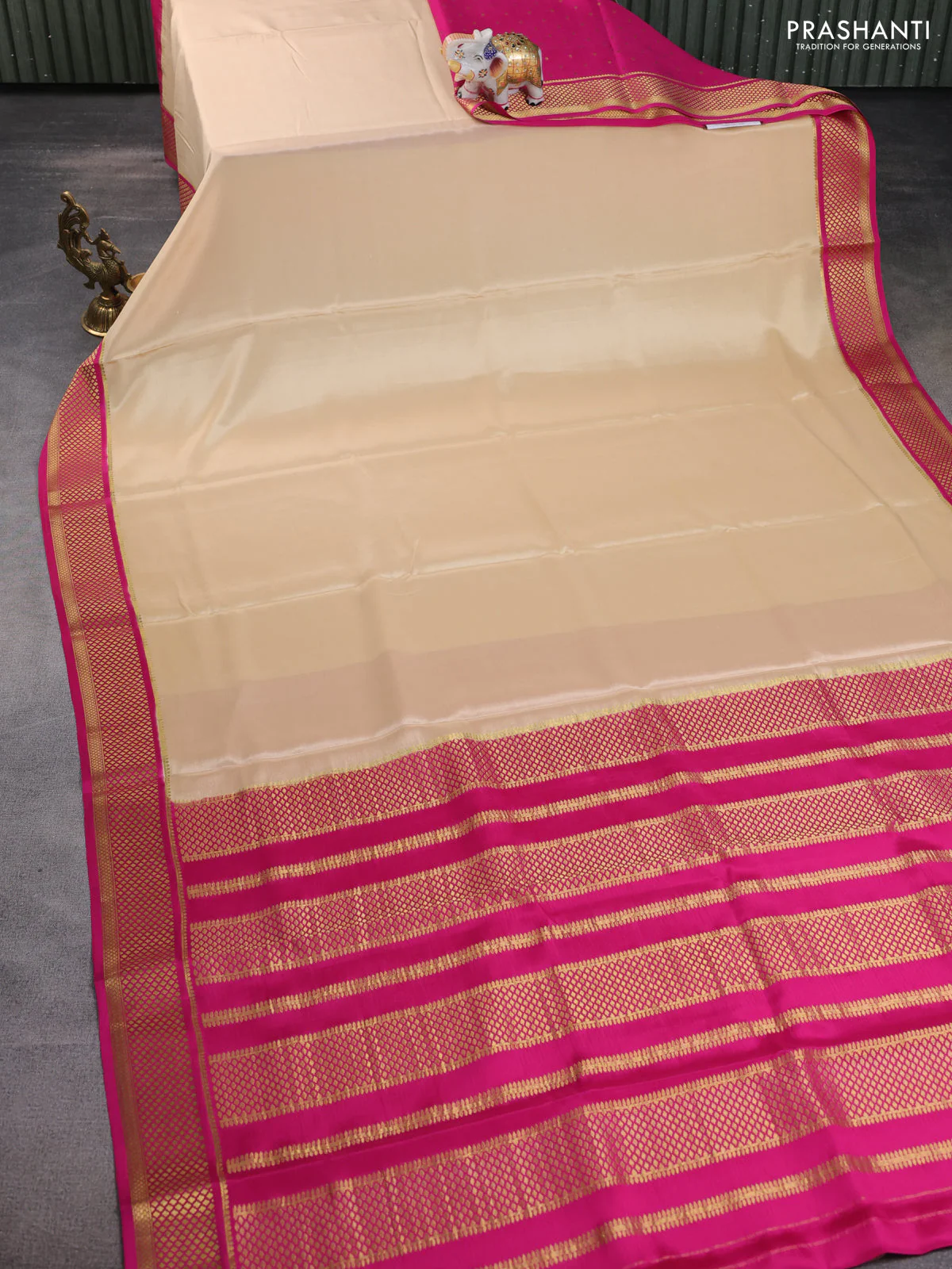 Pure mysore partly silk saree beige and pink with plain body and zari woven border - Image 6