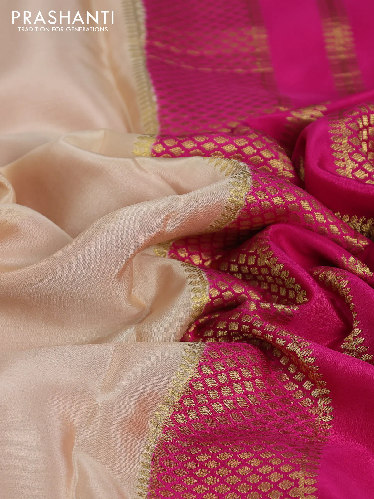 Pure mysore partly silk saree beige and pink with plain body and zari woven border - Image 7
