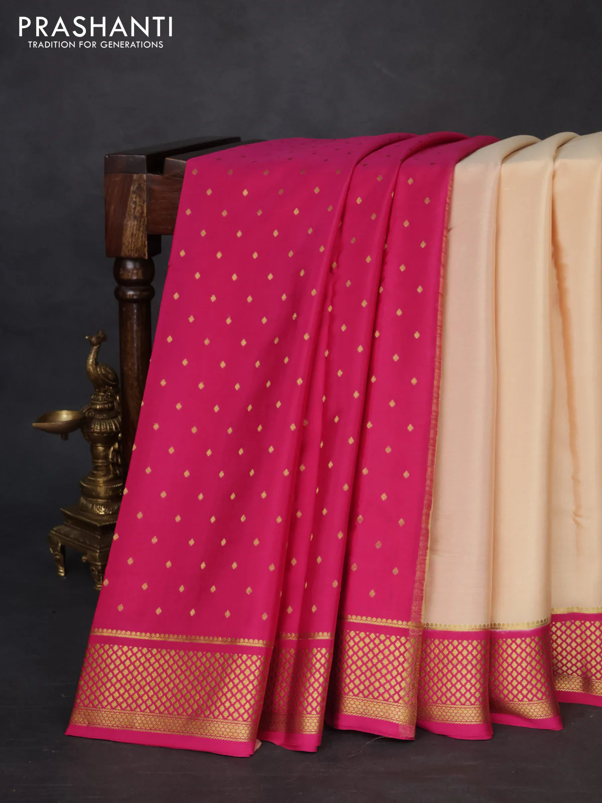 Pure mysore partly silk saree beige and pink with plain body and zari woven border - Image 9