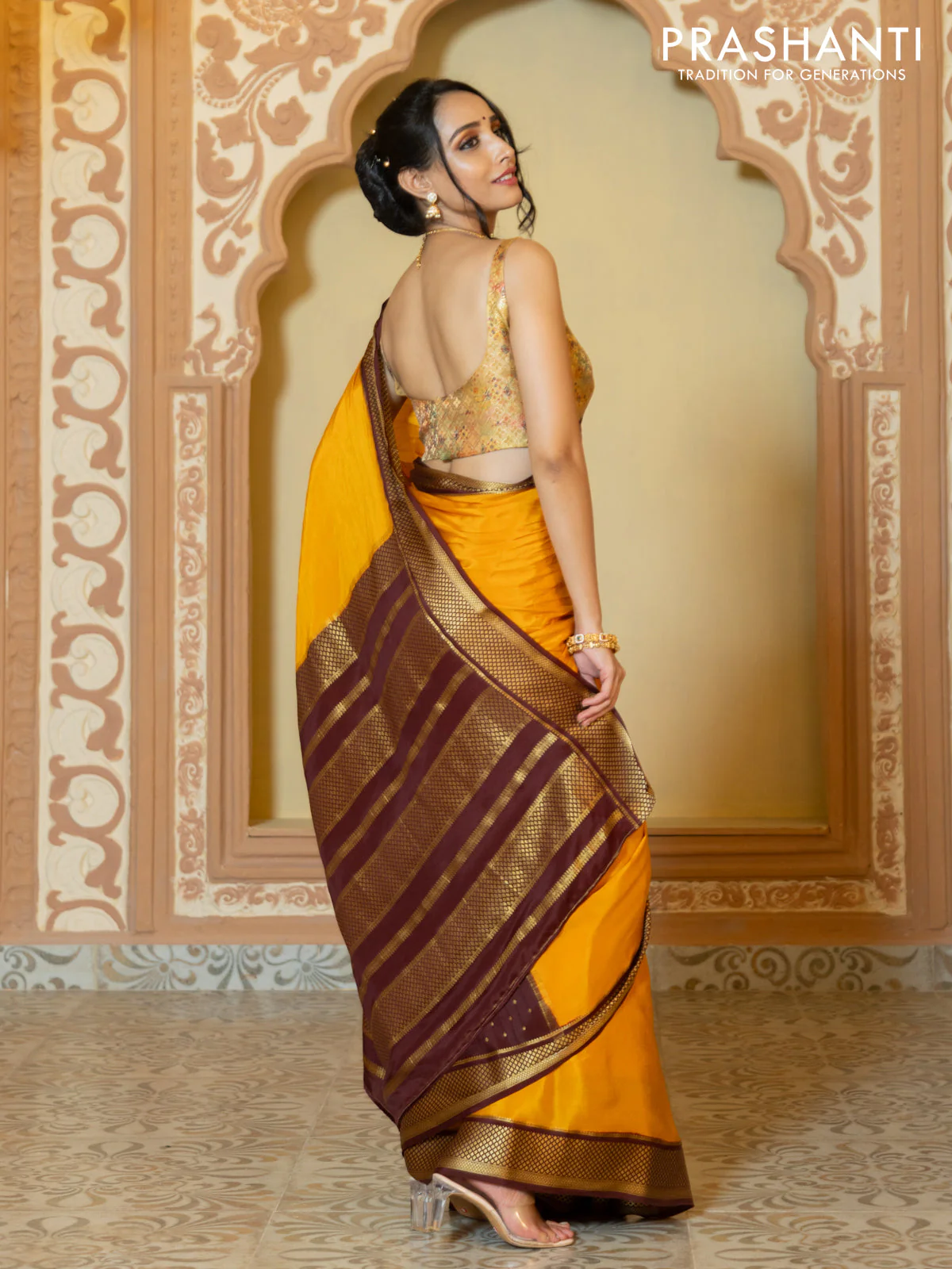 Pure mysore partly silk saree mustard yellow and brown with plain body and zari woven border - Image 2