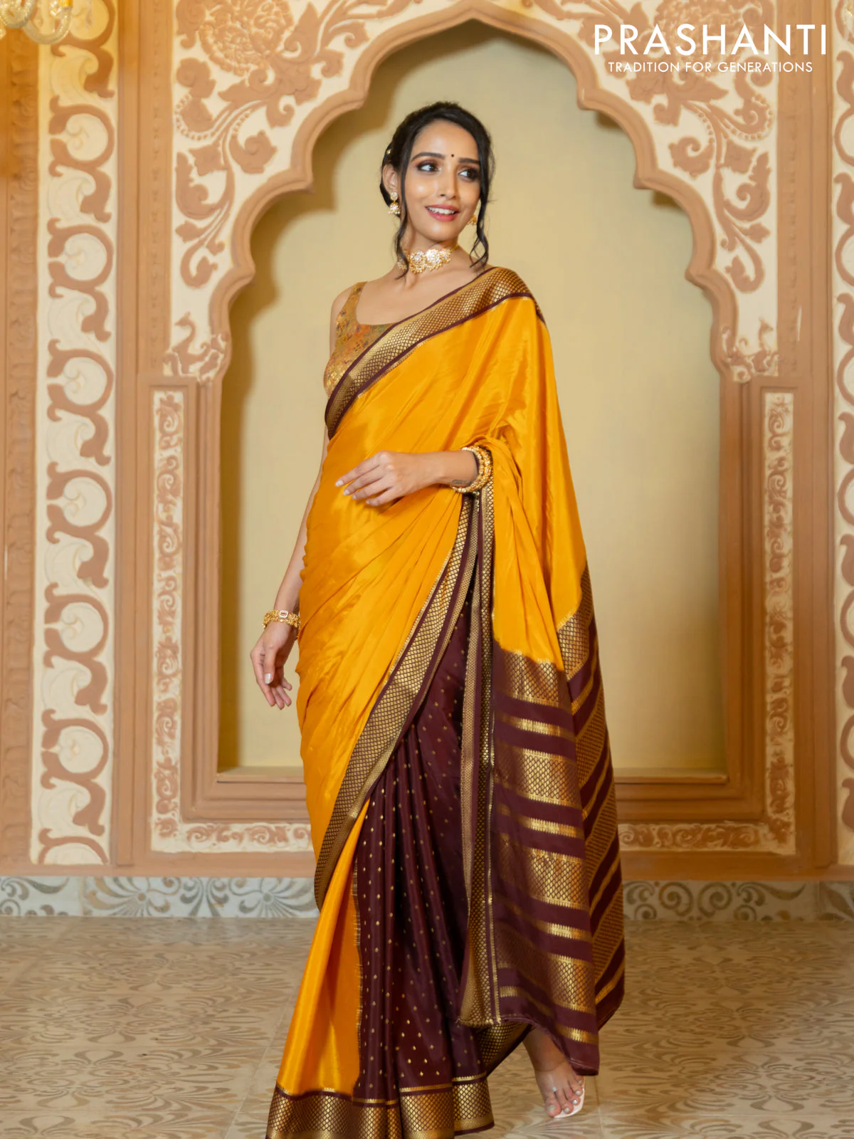 Pure mysore partly silk saree mustard yellow and brown with plain body and zari woven border - Image 3