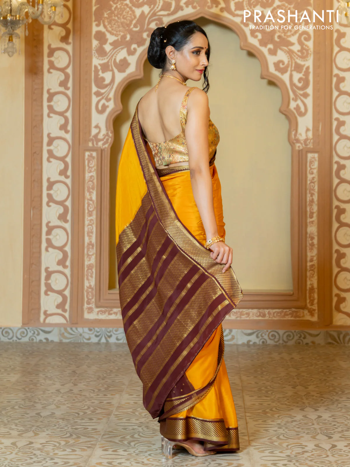 Pure mysore partly silk saree mustard yellow and brown with plain body and zari woven border - Image 4