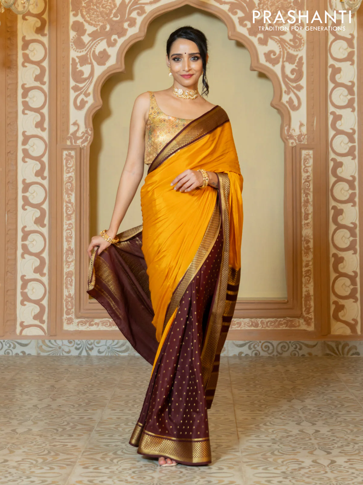 Pure mysore partly silk saree mustard yellow and brown with plain body and zari woven border - Image 5