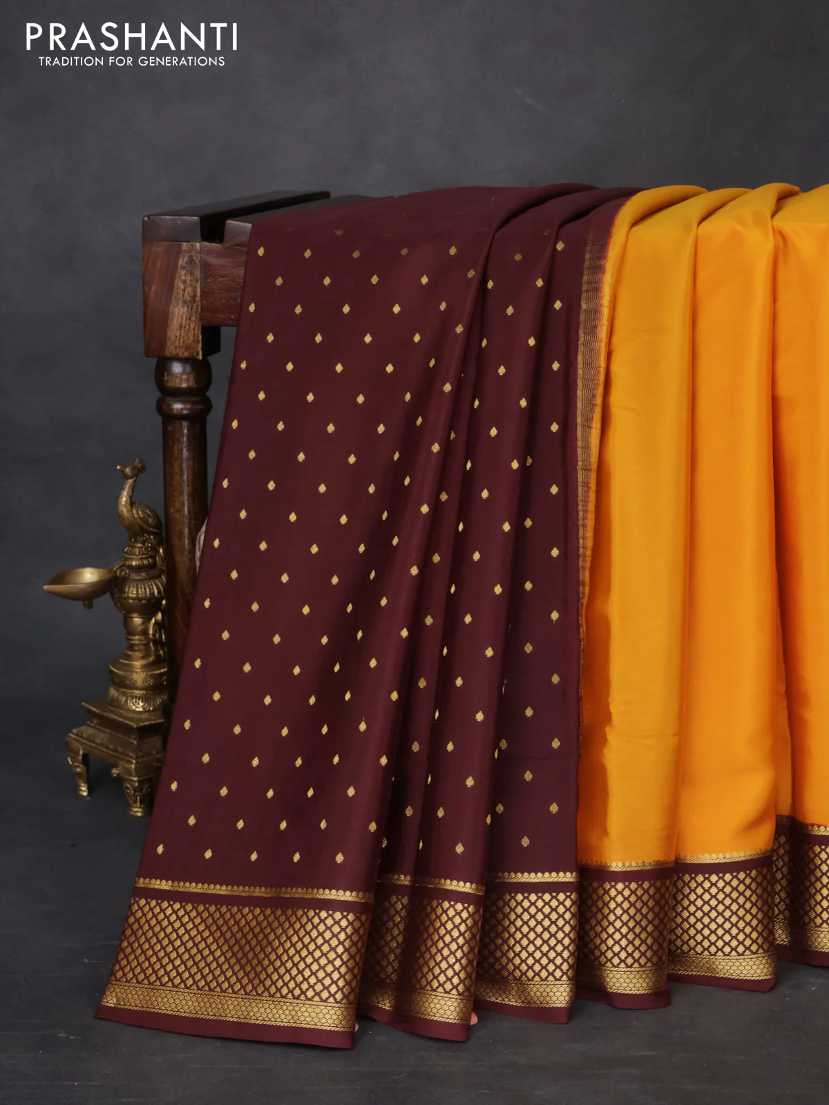 Pure mysore partly silk saree mustard yellow and brown with plain body and zari woven border - Image 6