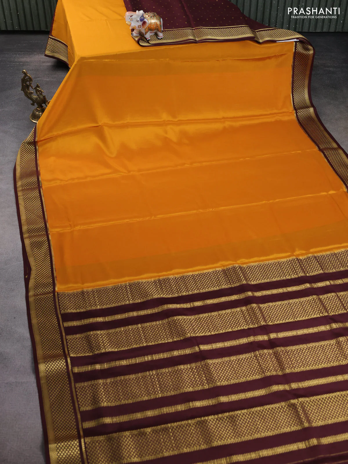 Pure mysore partly silk saree mustard yellow and brown with plain body and zari woven border - Image 7