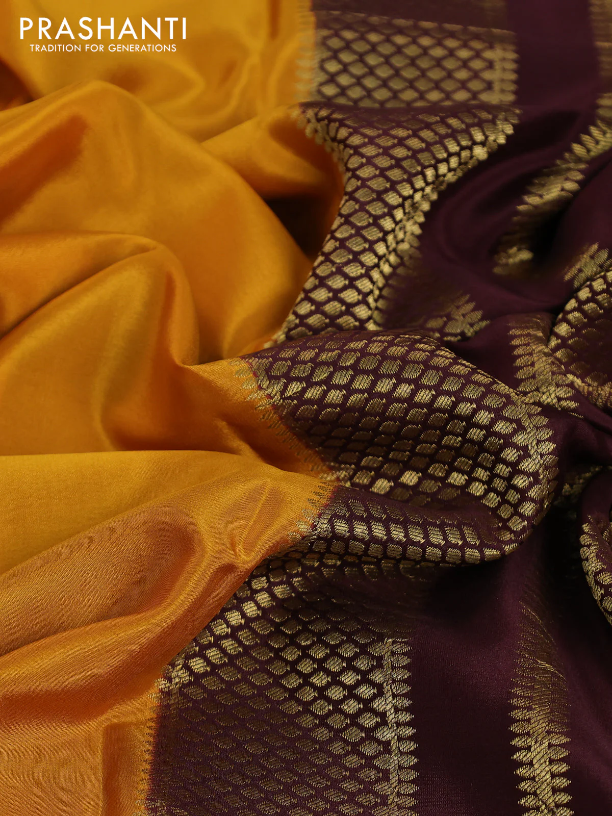 Pure mysore partly silk saree mustard yellow and brown with plain body and zari woven border - Image 8