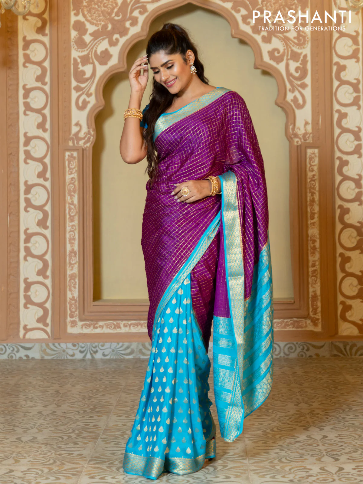 Pure mysore partly silk saree purple and cs blue with allover zari checked pattern and zari woven border - Image 2