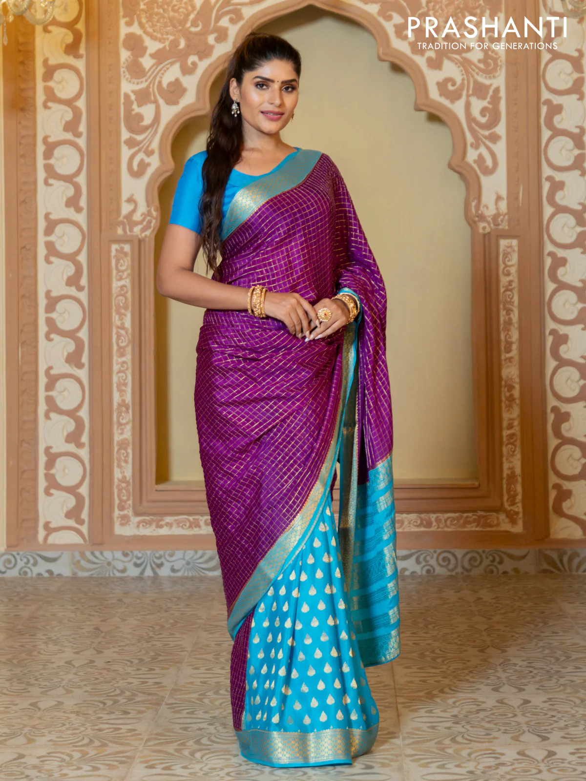 Pure mysore partly silk saree purple and cs blue with allover zari checked pattern and zari woven border - Image 3