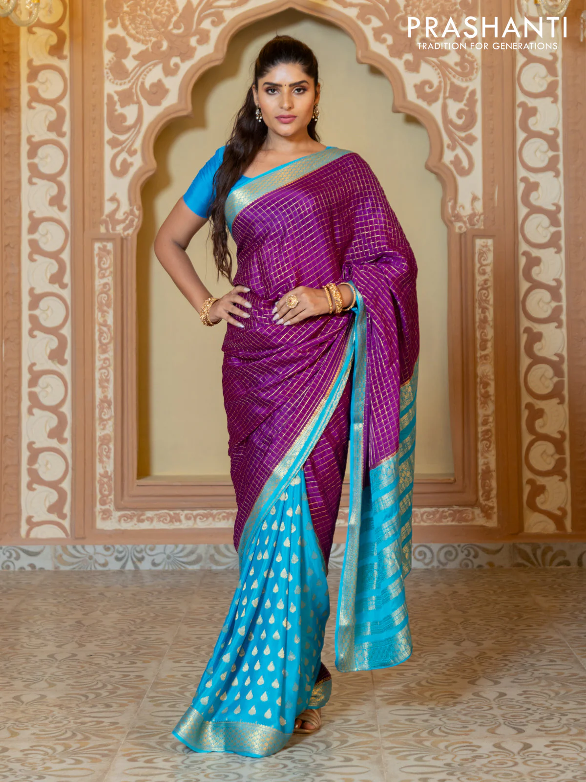 Pure mysore partly silk saree purple and cs blue with allover zari checked pattern and zari woven border - Image 5
