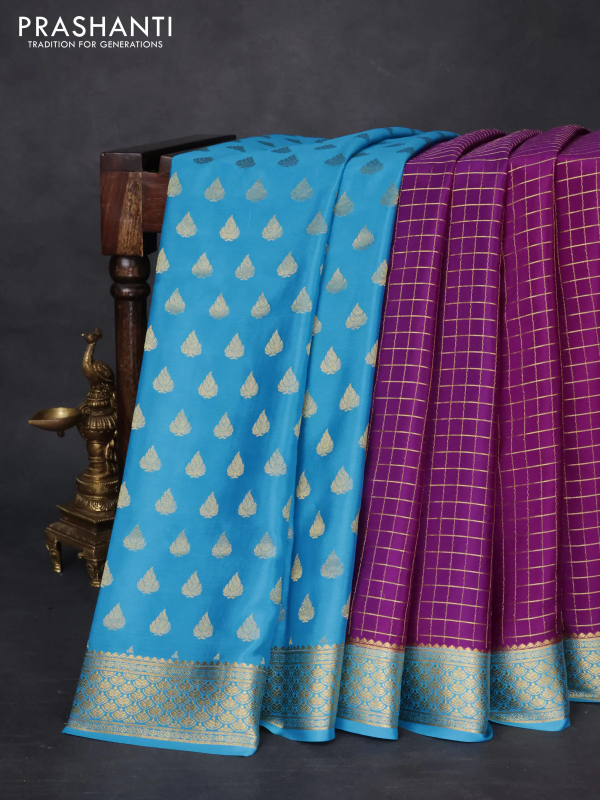 Pure mysore partly silk saree purple and cs blue with allover zari checked pattern and zari woven border - Image 6