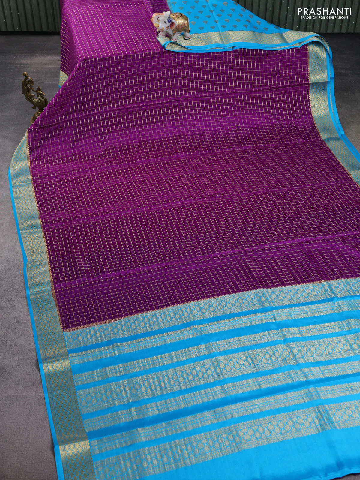 Pure mysore partly silk saree purple and cs blue with allover zari checked pattern and zari woven border - Image 7