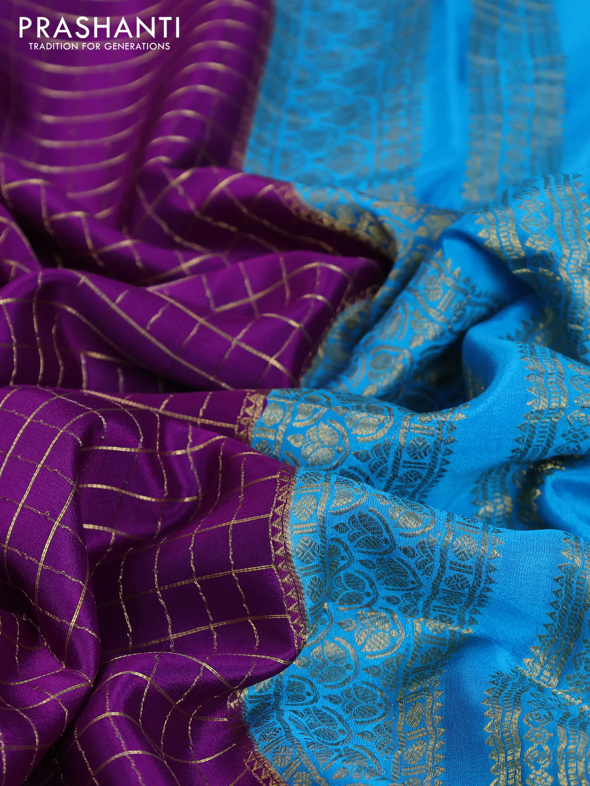 Pure mysore partly silk saree purple and cs blue with allover zari checked pattern and zari woven border - Image 8