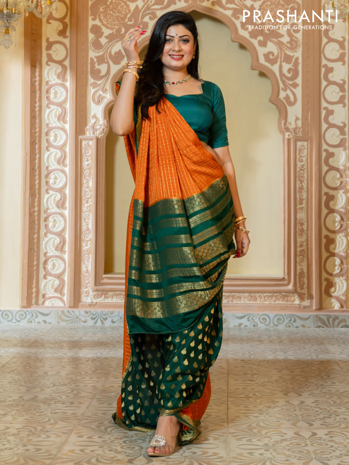 Pure mysore partly silk saree rustic orange and green with allover zari checked pattern and zari woven border - Image 2