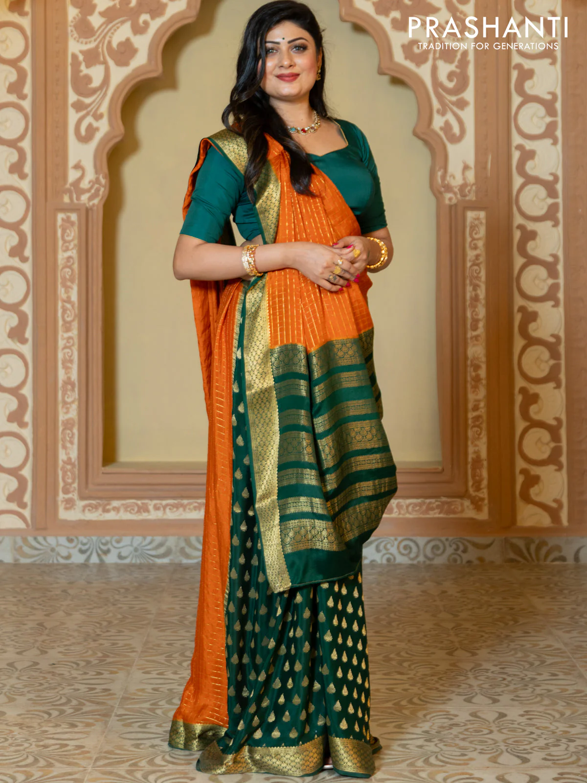 Pure mysore partly silk saree rustic orange and green with allover zari checked pattern and zari woven border - Image 3