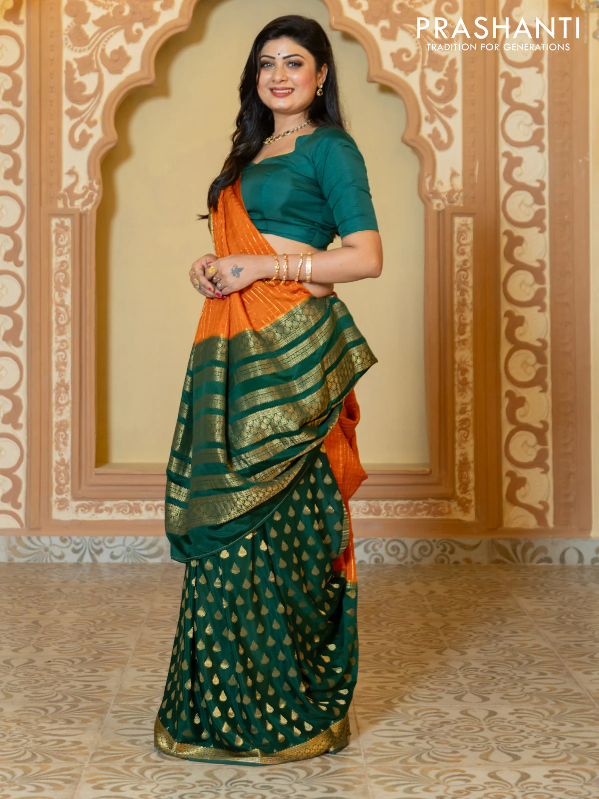 Pure mysore partly silk saree rustic orange and green with allover zari checked pattern and zari woven border - Image 4