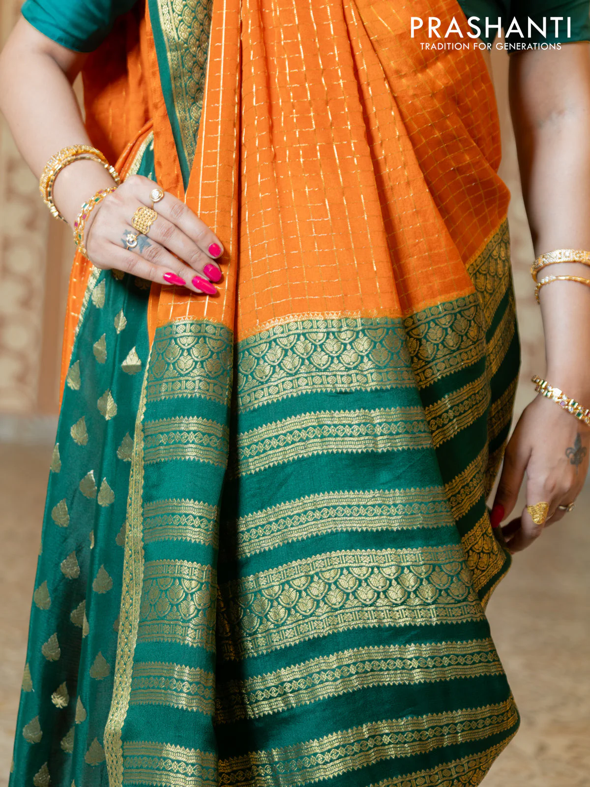 Pure mysore partly silk saree rustic orange and green with allover zari checked pattern and zari woven border - Image 5