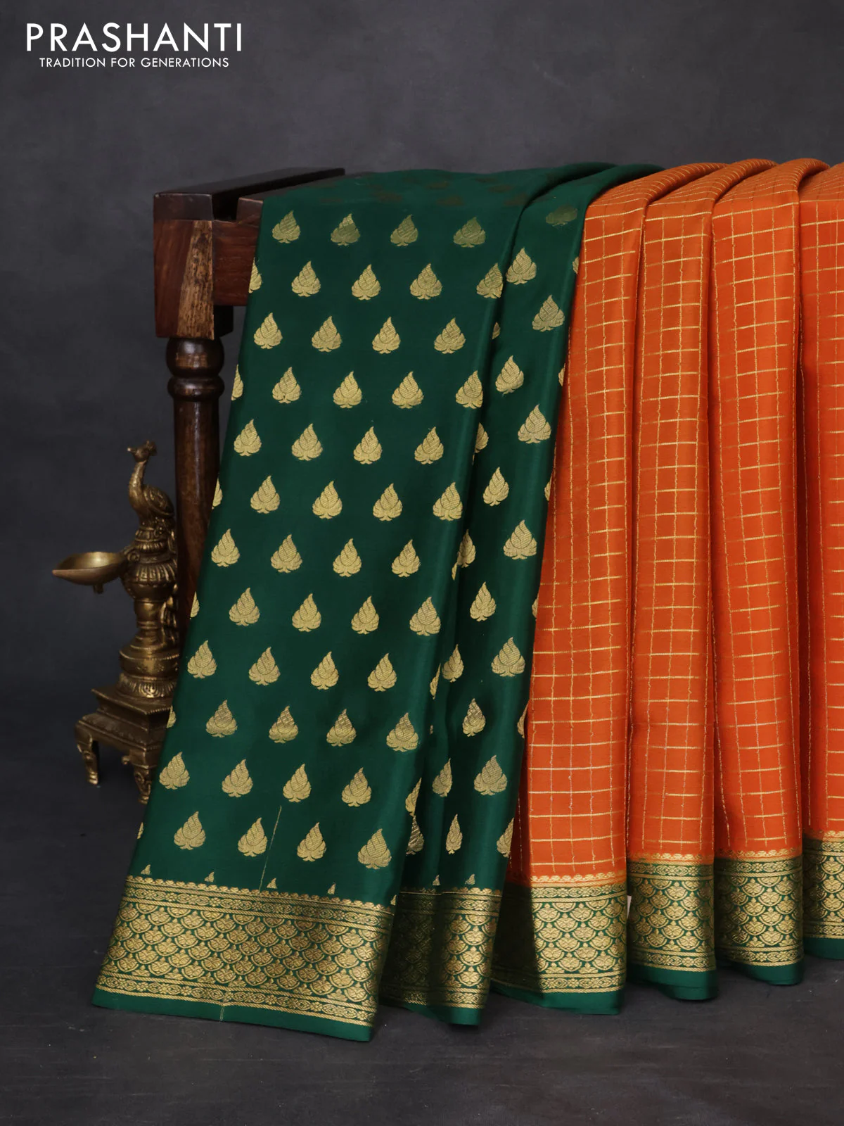 Pure mysore partly silk saree rustic orange and green with allover zari checked pattern and zari woven border - Image 6
