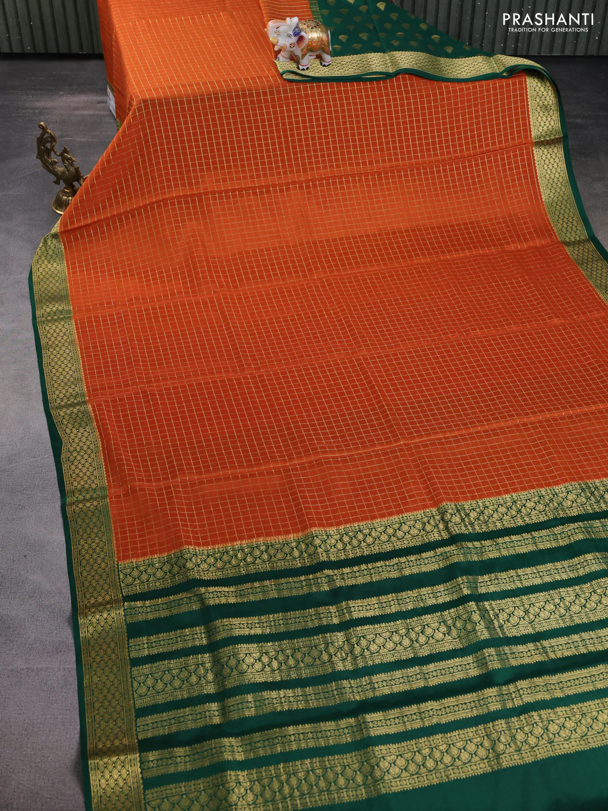 Pure mysore partly silk saree rustic orange and green with allover zari checked pattern and zari woven border - Image 7