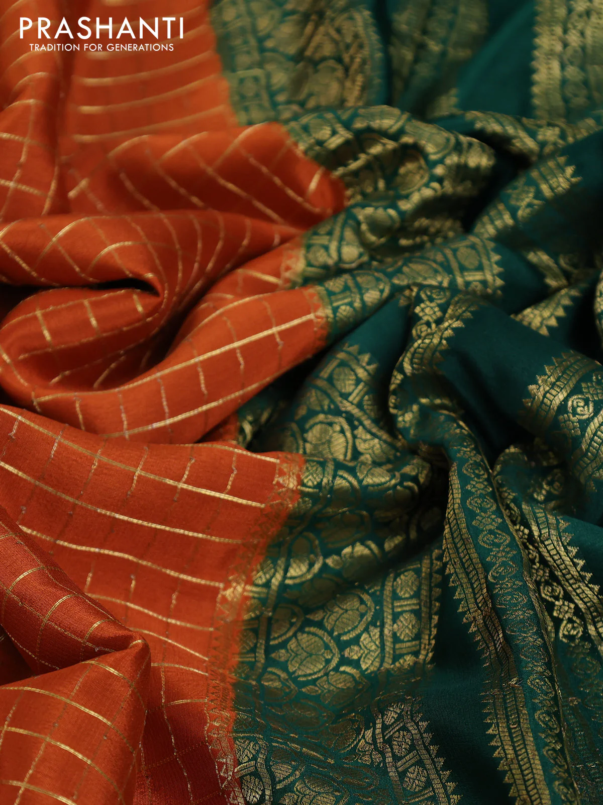 Pure mysore partly silk saree rustic orange and green with allover zari checked pattern and zari woven border - Image 8