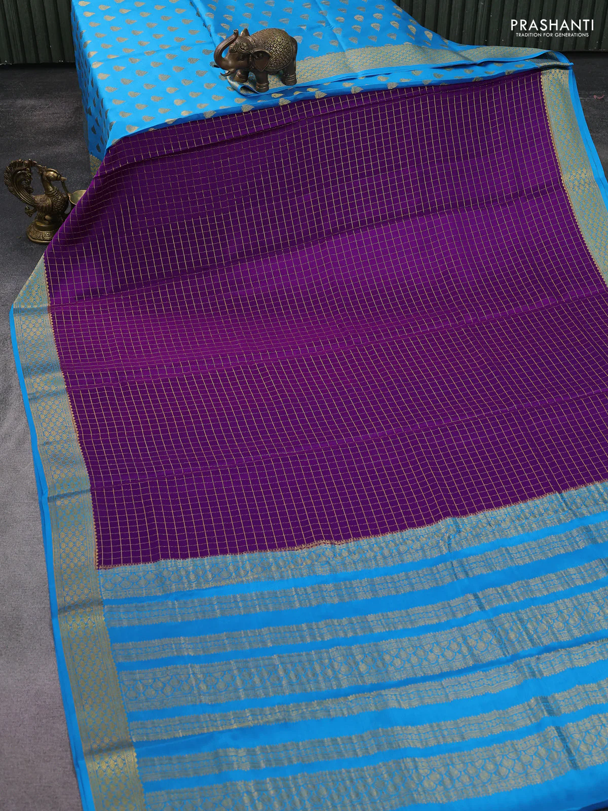 Pure mysore partly silk saree violet and cs blue with allover zari checked pattern and zari woven border - Image 2