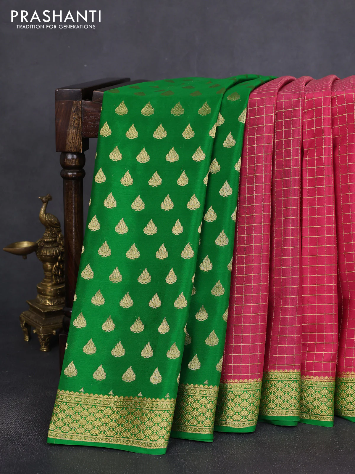 Pure mysore silk partly saree pink shade and green with allover zari woven checked pattern and zari woven border - Image 2
