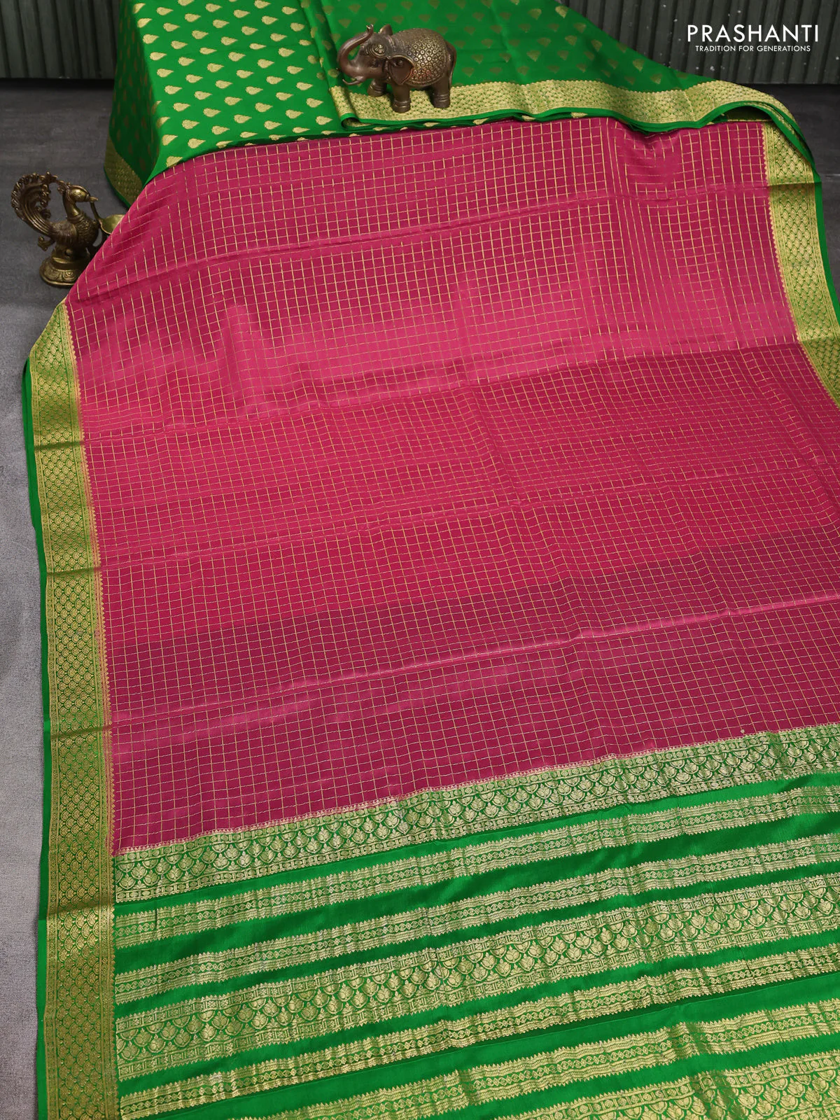 Pure mysore silk partly saree pink shade and green with allover zari woven checked pattern and zari woven border - Image 3