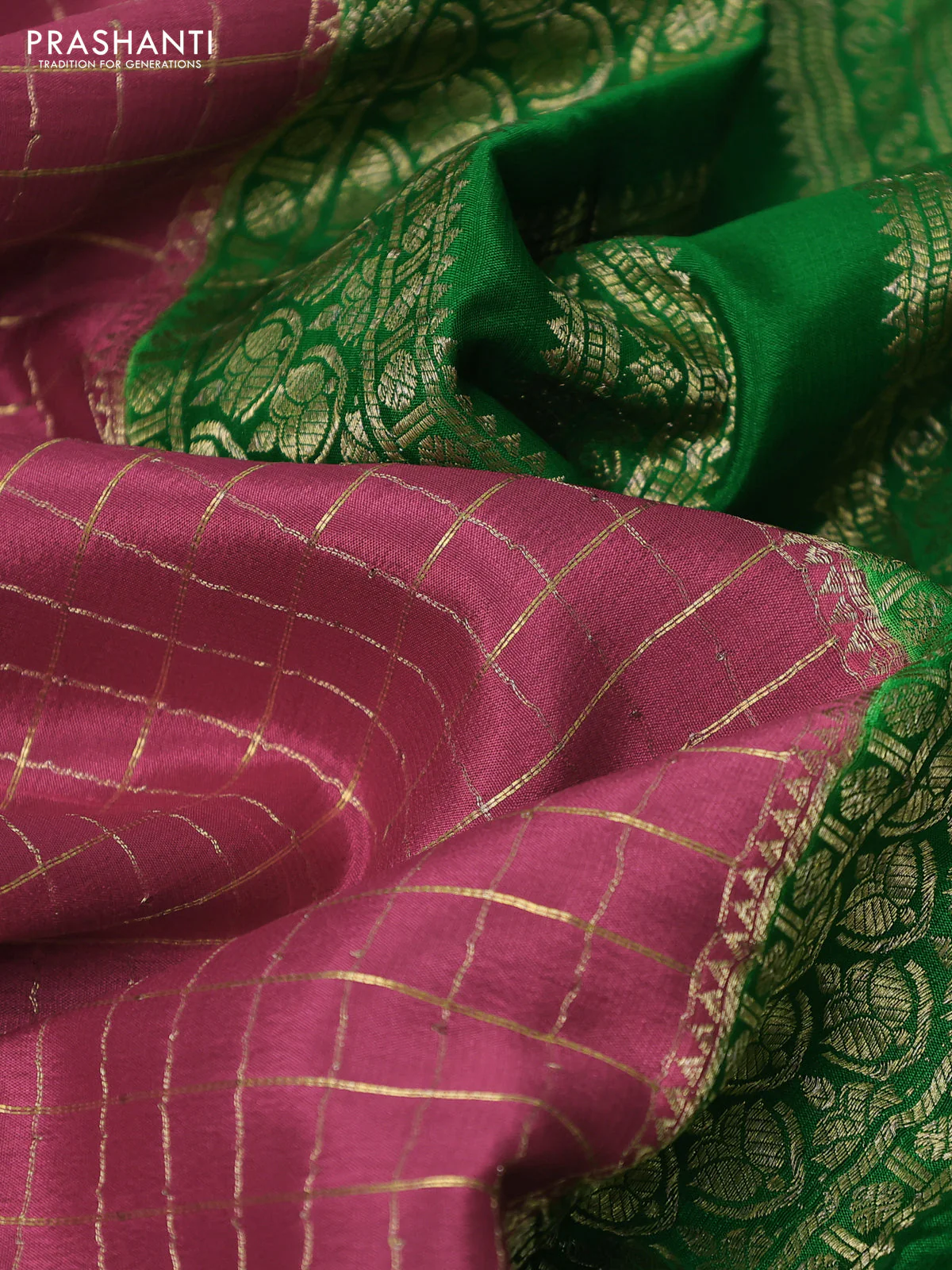 Pure mysore silk partly saree pink shade and green with allover zari woven checked pattern and zari woven border - Image 4