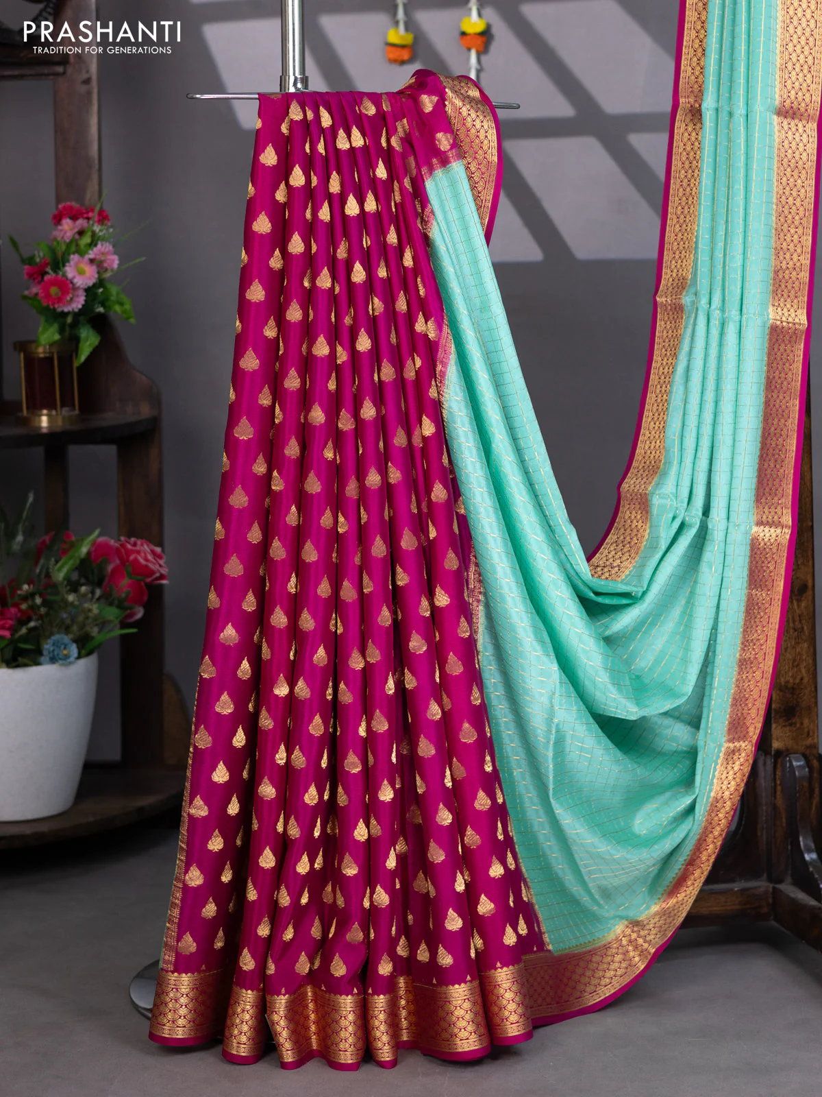 Pure mysore silk partly saree teal green shade and pink with allover zari woven checked pattern and zari woven border
