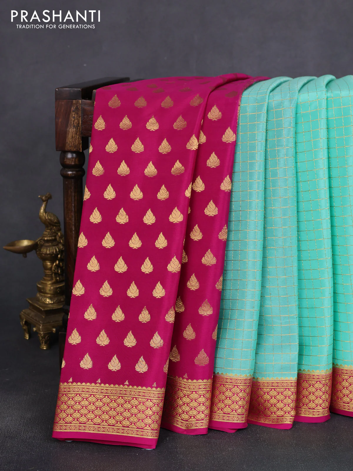 Pure mysore silk partly saree teal green shade and pink with allover zari woven checked pattern and zari woven border - Image 2