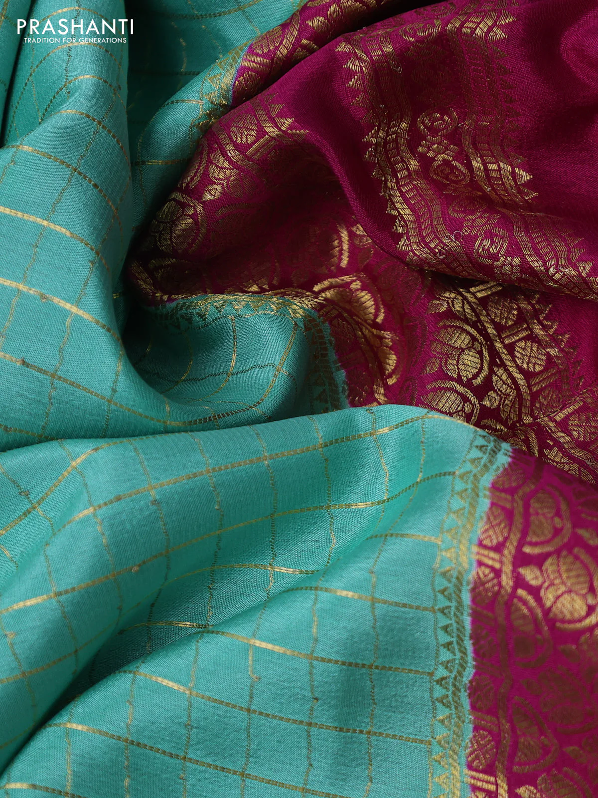 Pure mysore silk partly saree teal green shade and pink with allover zari woven checked pattern and zari woven border - Image 4
