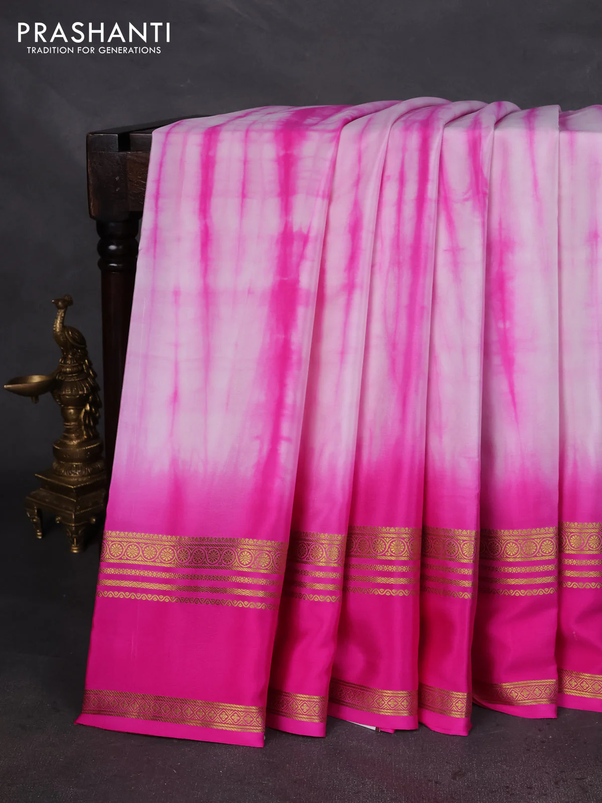 Pure mysore silk saree baby pink and pink with allover shibori prints and rettapet zari woven border