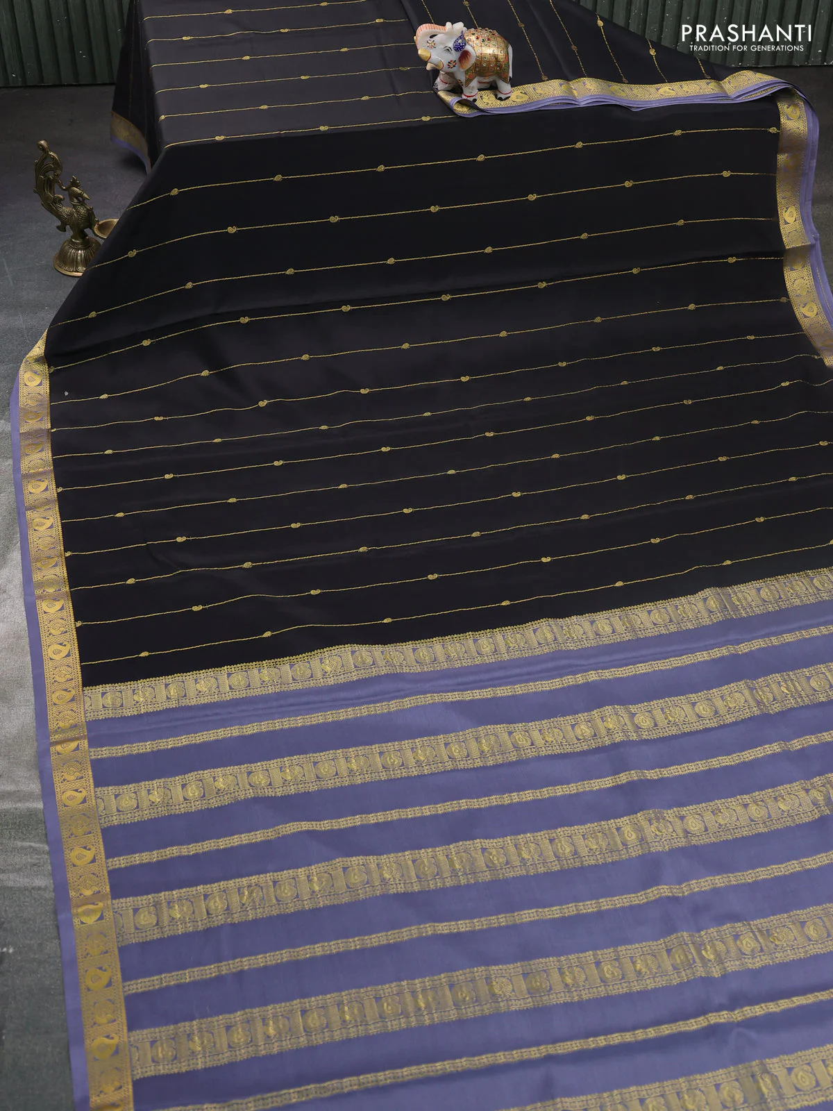 Pure mysore silk saree black and grey with allover zari stripes pattern & buttas and zari woven border - Image 2