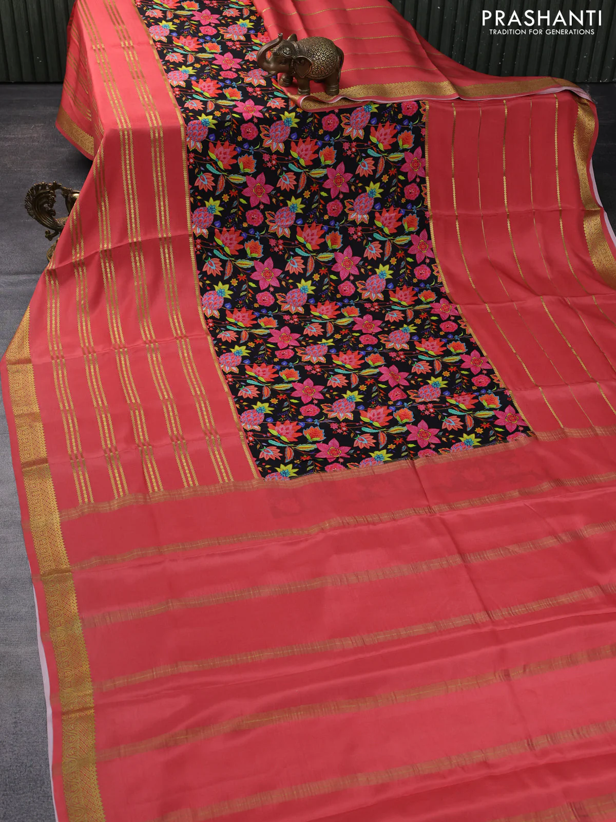 Pure mysore silk saree black and peach shade with kalamakri digital prints and long zari woven border - Image 2