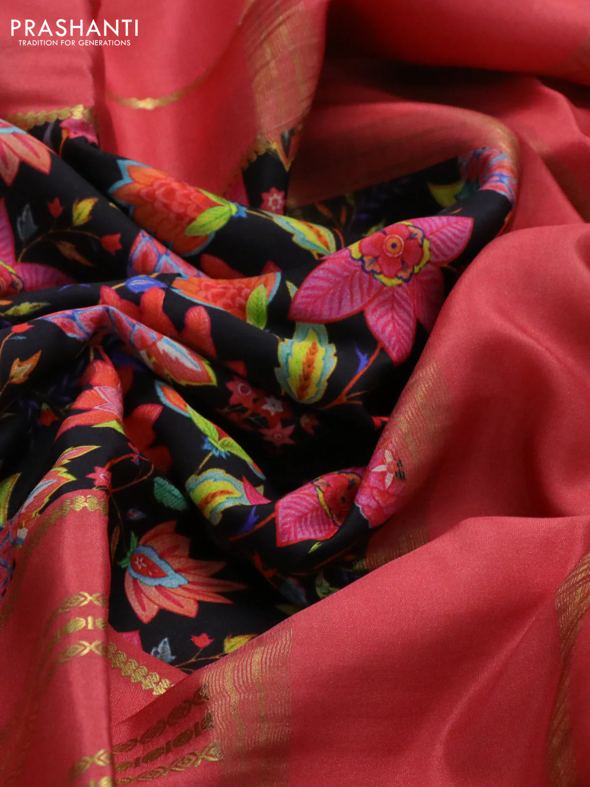 Pure mysore silk saree black and peach shade with kalamakri digital prints and long zari woven border - Image 3