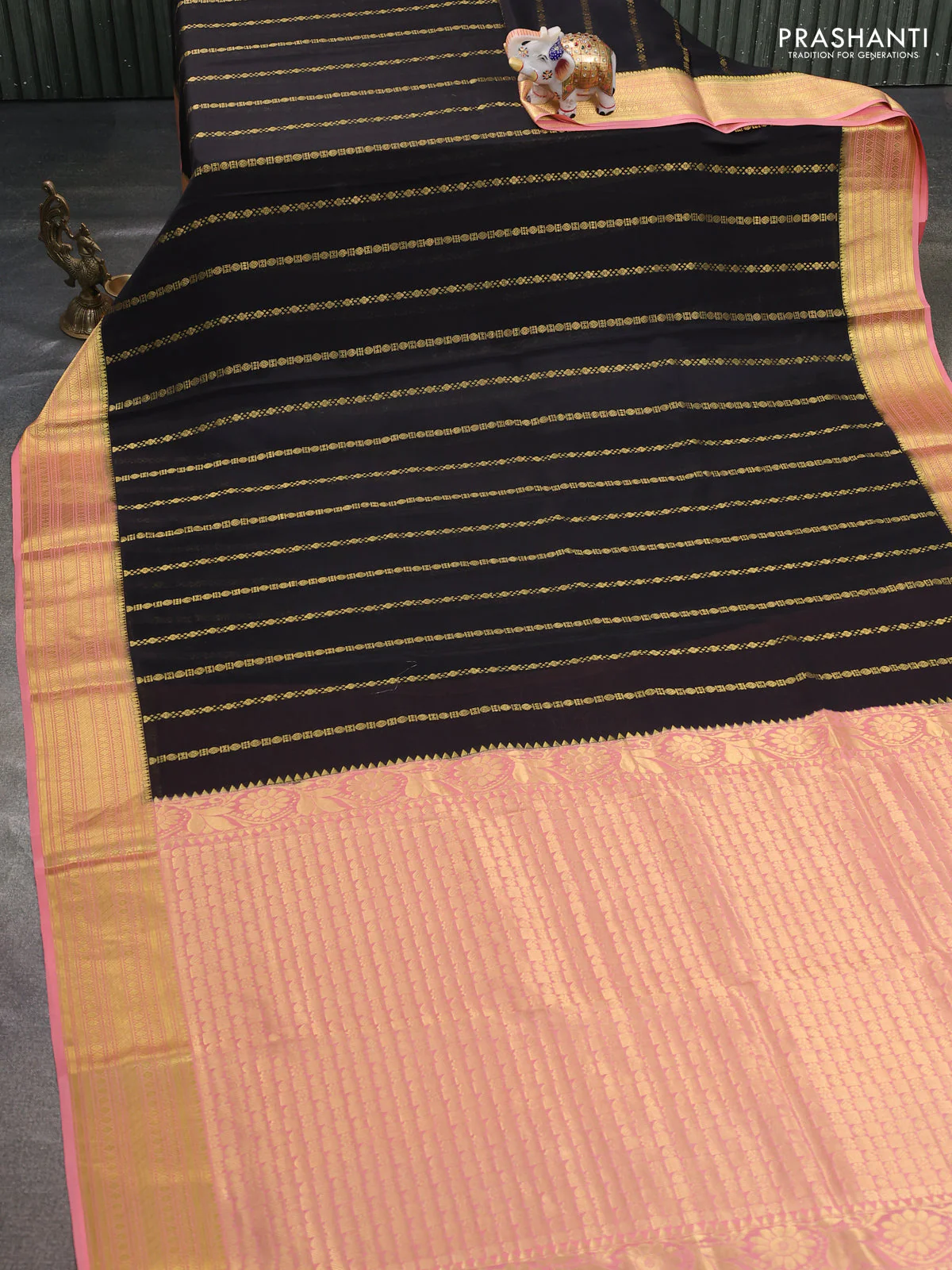 Pure mysore silk saree black and peach shade with plain body and rettapet zari woven border - Image 2
