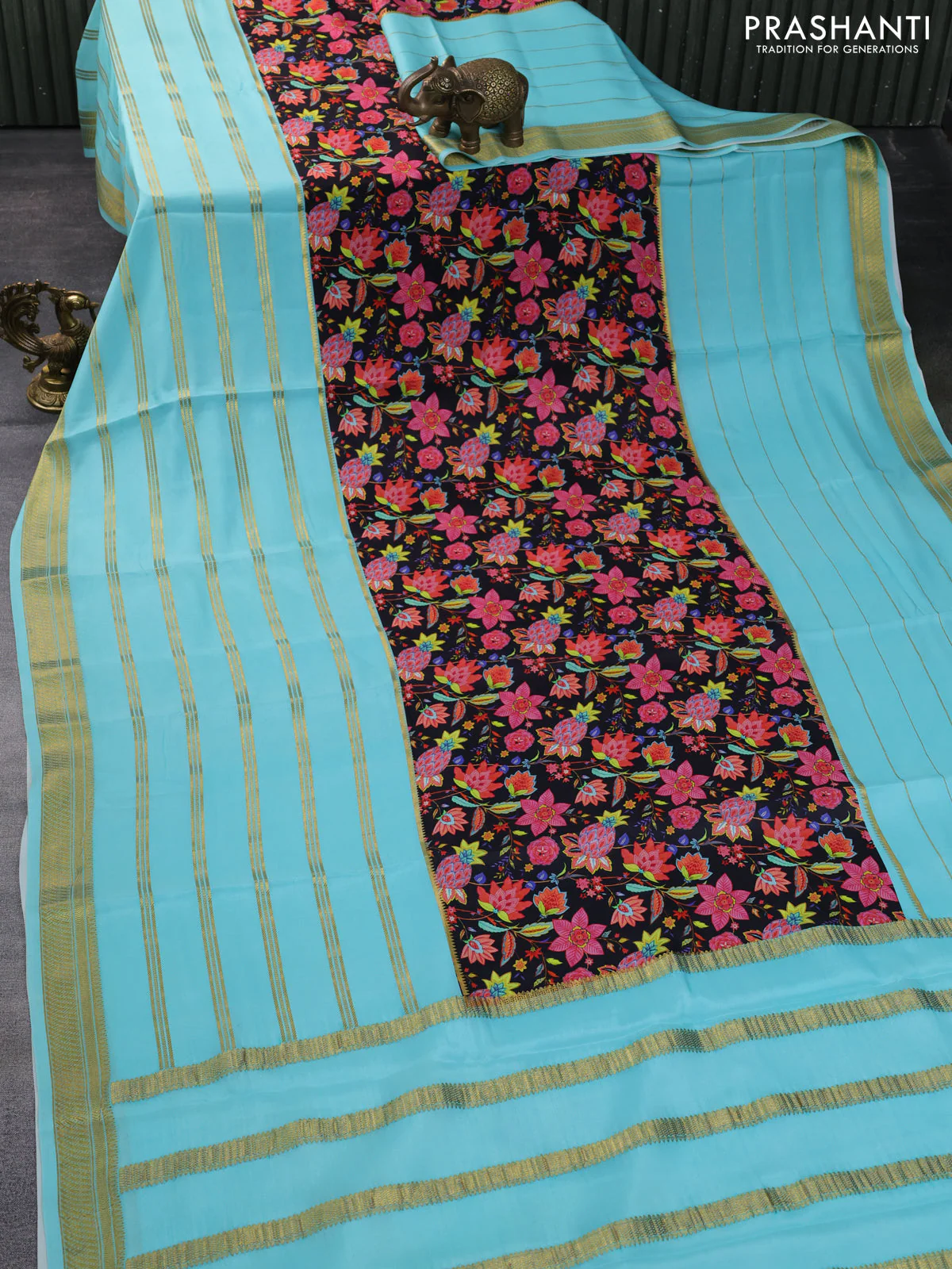 Pure mysore silk saree black and teal shade with kalamkari digital prints and long zari woven border - Image 2