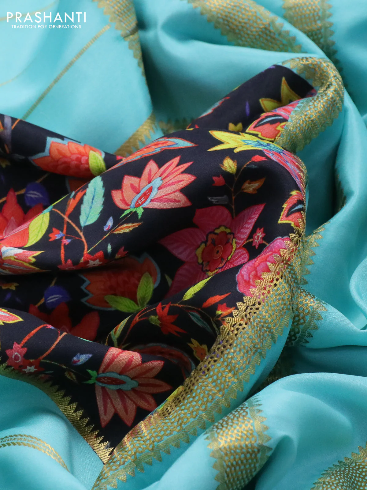 Pure mysore silk saree black and teal shade with kalamkari digital prints and long zari woven border - Image 3