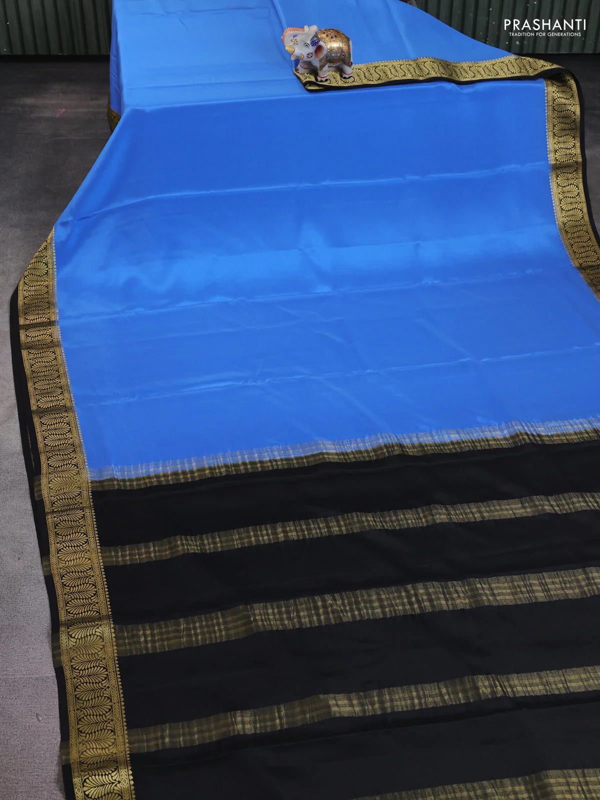 Pure mysore silk saree blue and black with plain body and zari woven border - Image 2
