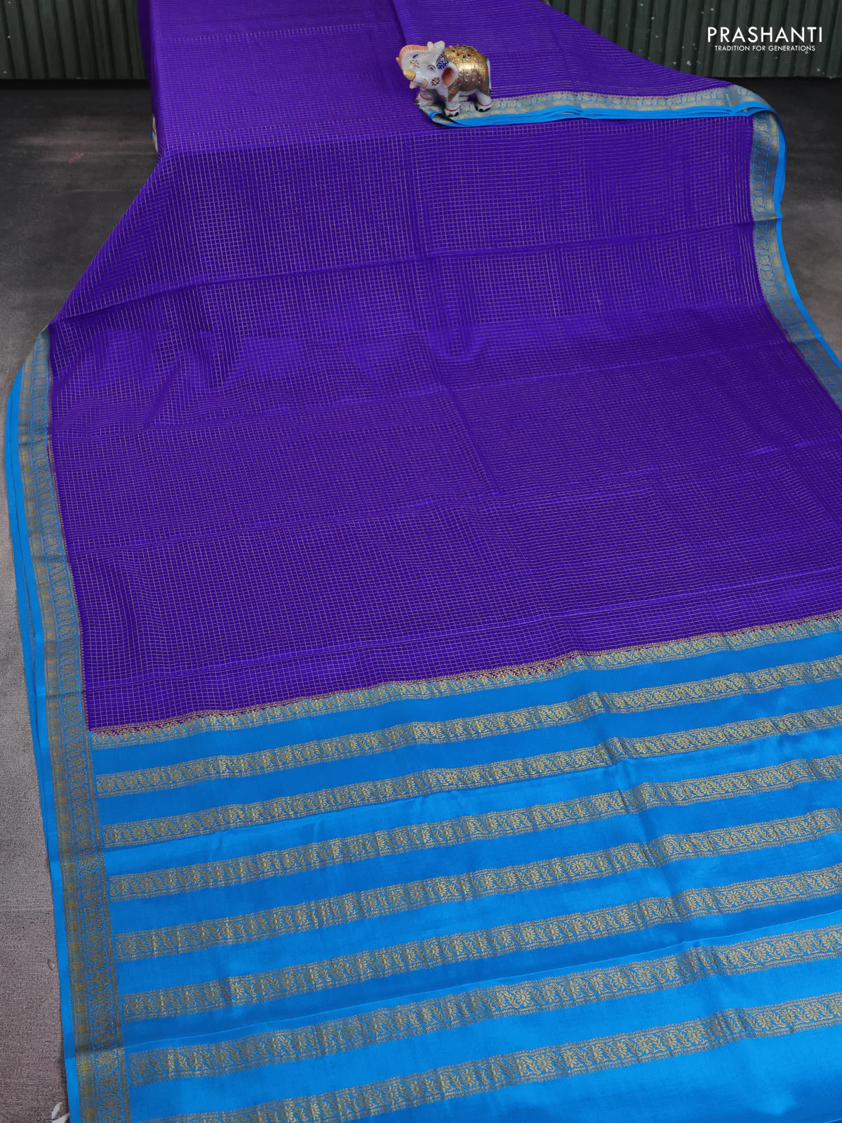 Pure mysore silk saree blue and cs blue with allover zari weaves and zari woven border - Image 2