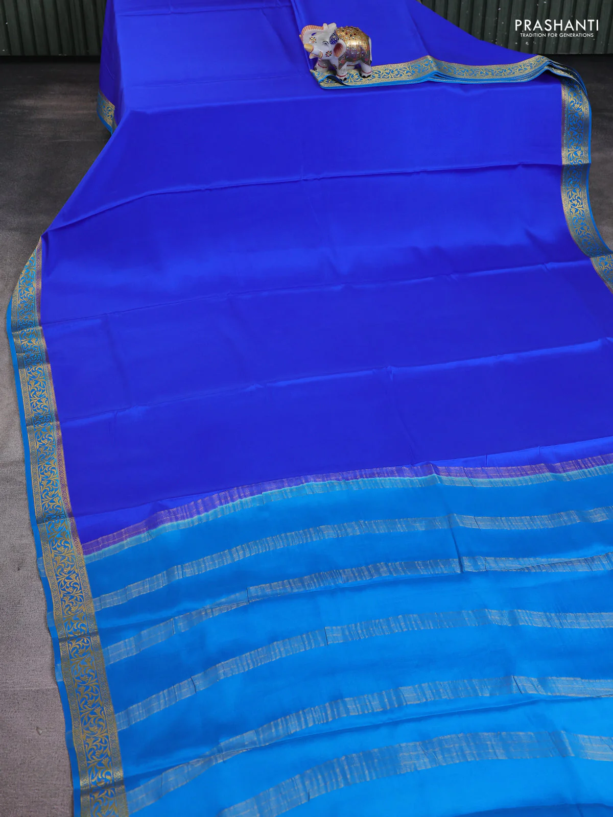 Pure mysore silk saree blue and teal blue with plain body and zari woven border - Image 2