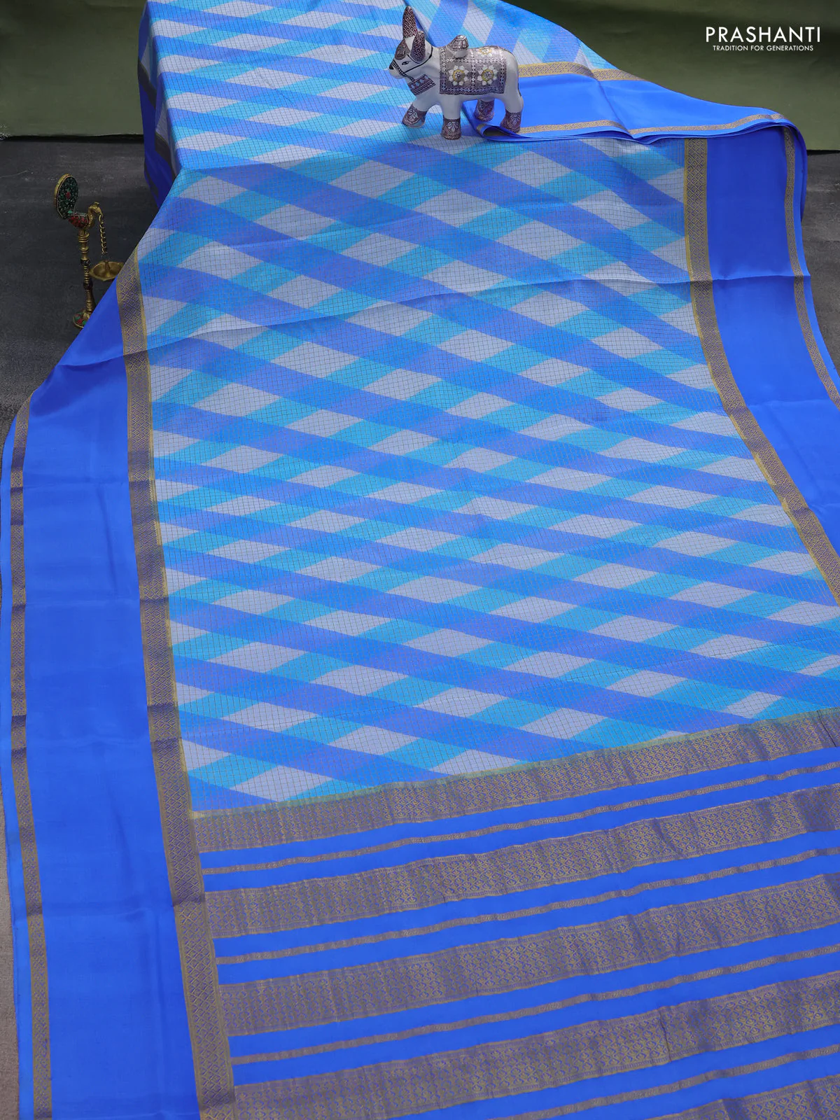 Pure mysore silk saree blue with allover checks & geometric prints and rettapet zari woven border - Image 2