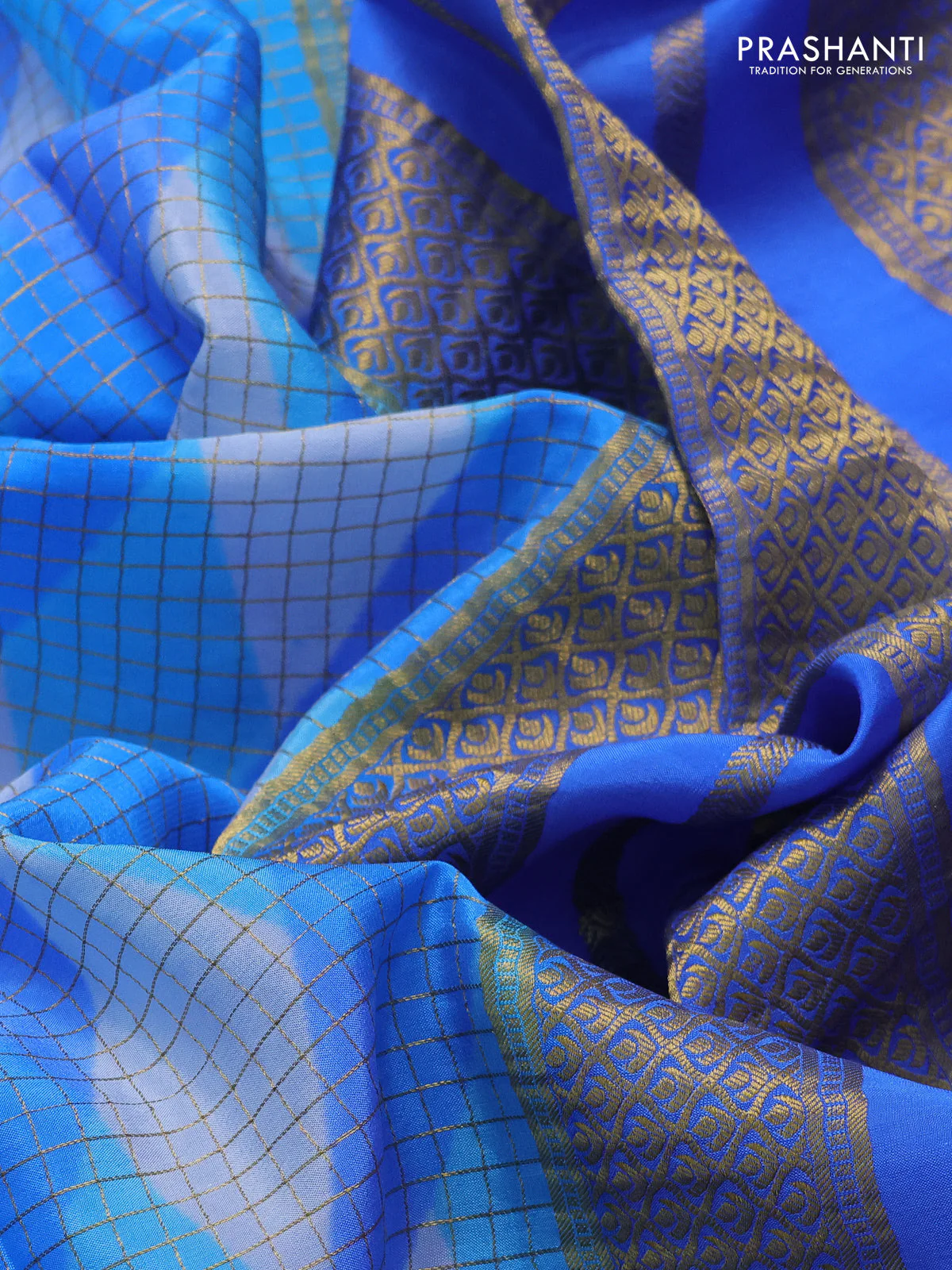 Pure mysore silk saree blue with allover checks & geometric prints and rettapet zari woven border - Image 3