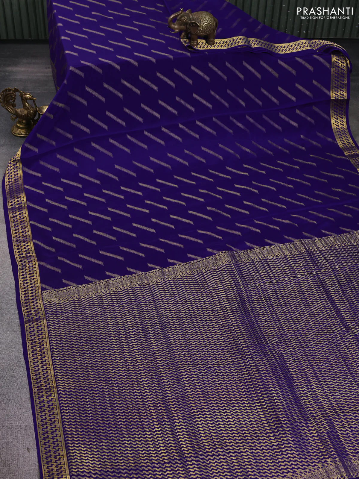 Pure mysore silk saree blue with allover zari woven buttas and zari woven border - Image 2
